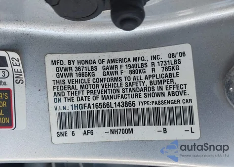 2006 Honda Civic Lx z USA, uszkodzony, nr VIN 1HGFA16566L143866
